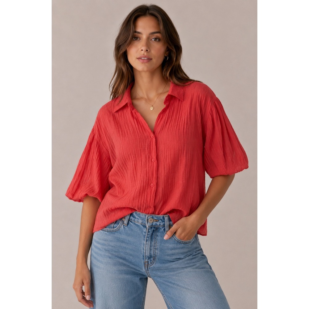 Marc New York Andrew Marc‎ Coral Pink Crinkle Button Down Puff Sleeve Blouse XS